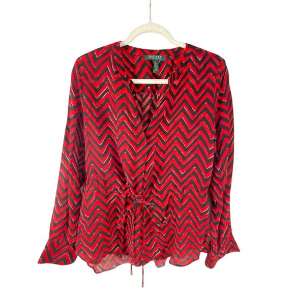 Lauren Ralph Lauren Red Black Chevron Blouse PL Long Sleeves Cotton Blend Office - Picture 2 of 9